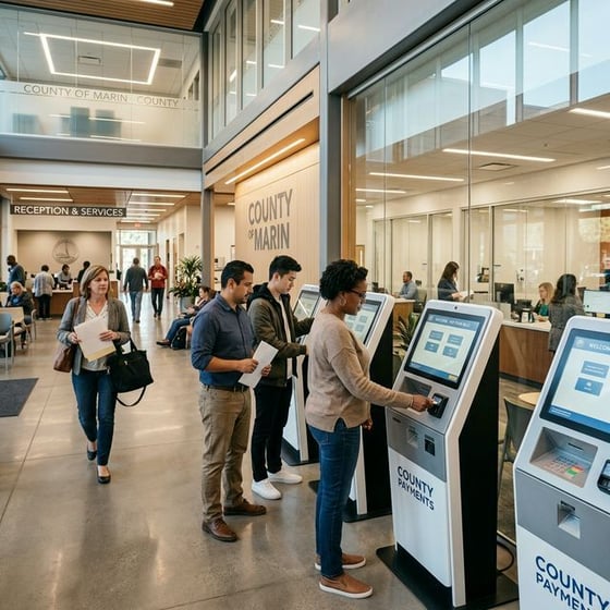 Residents using self-service kiosks in a county office