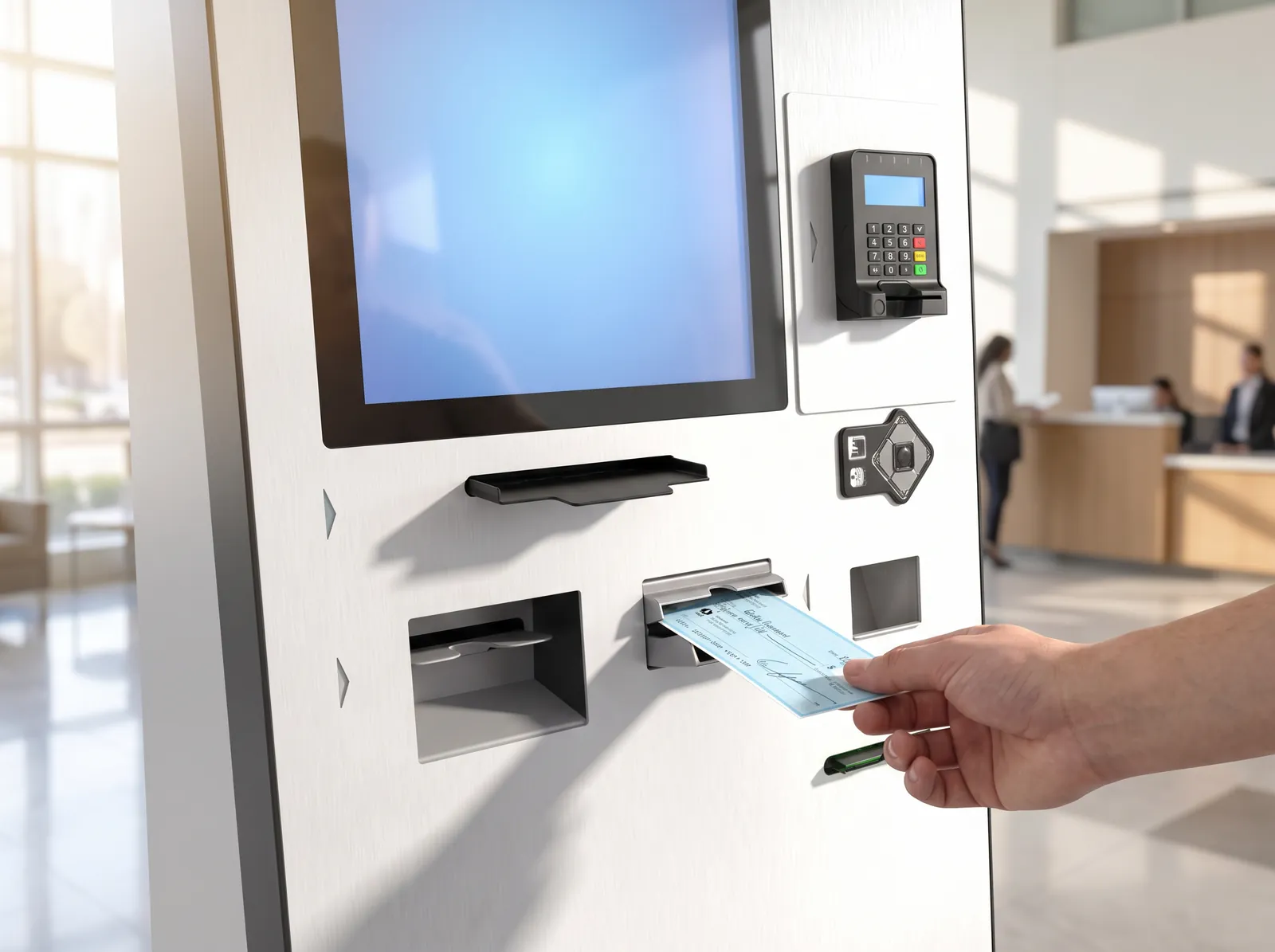 Paper check being inserted into the check scanner of a Kiosk Pay Station kiosk