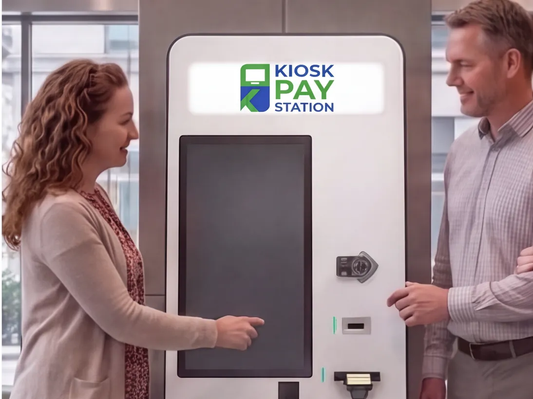 Customer paying a bill through Kiosk Pay Station software while a staff member assists