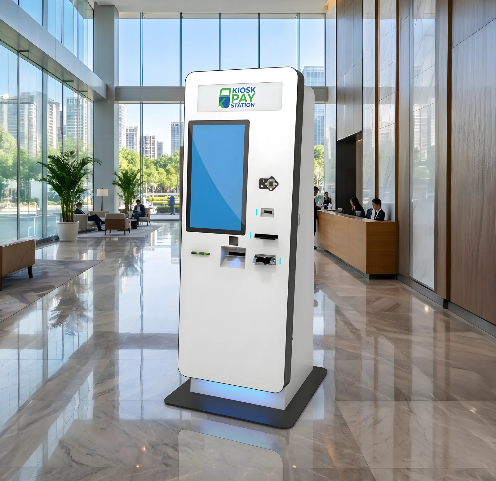 Kiosk Pay Station Standalone with Cash kiosk in a modern lobby