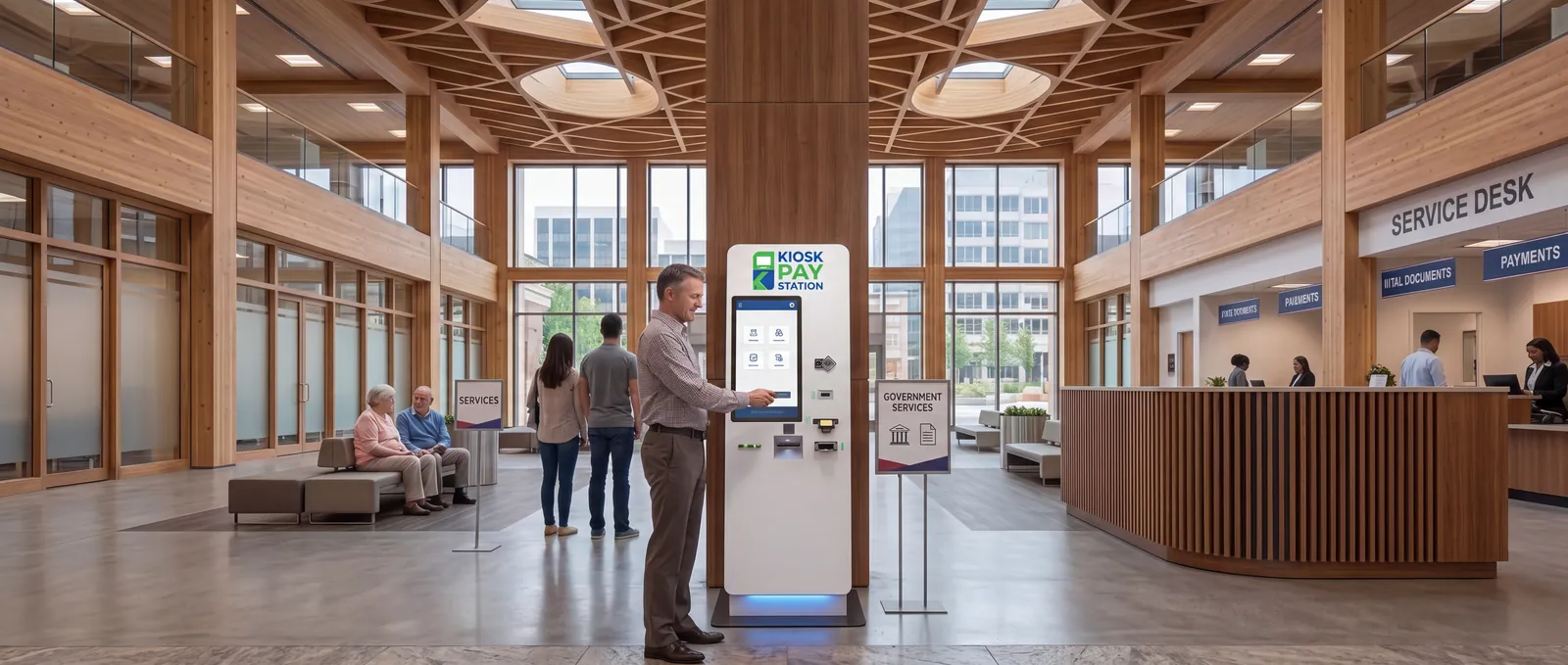 Customer paying at a freestanding payment kiosk in a government atrium