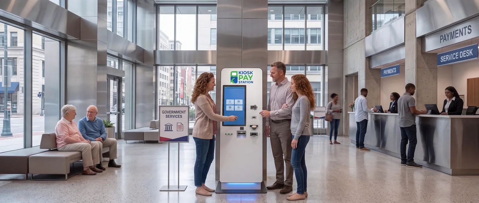 Self-service kiosk beside the payment counters in a customer service lobby